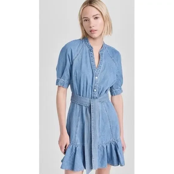 Veronica Beard blue denim Kanika flounce hem belted dress Size XXS $398 - Picture 5 of 16